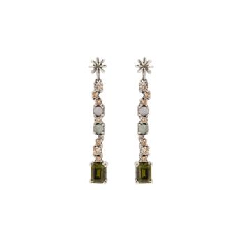 Arracades Sunfield allargades de plata amb pedres en tons peridot, cava i tons suaus, de la col·lecció Samarkanda, una joia artesanal, refinada i plena de personalitat.