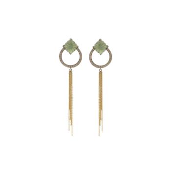 Bizancio collection earrings in recycled silver with an apple quartz stone and an ornamental hoop with gold-toned chains; a delicate, luminous, and elegant design.
