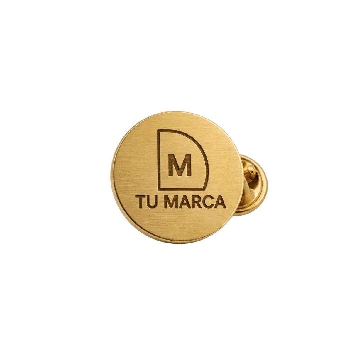 Custom round gold pin engraved with your company logo and name.