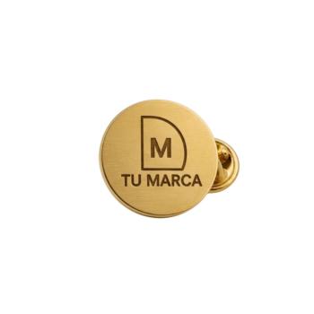 Custom round gold pin engraved with your company logo and name.