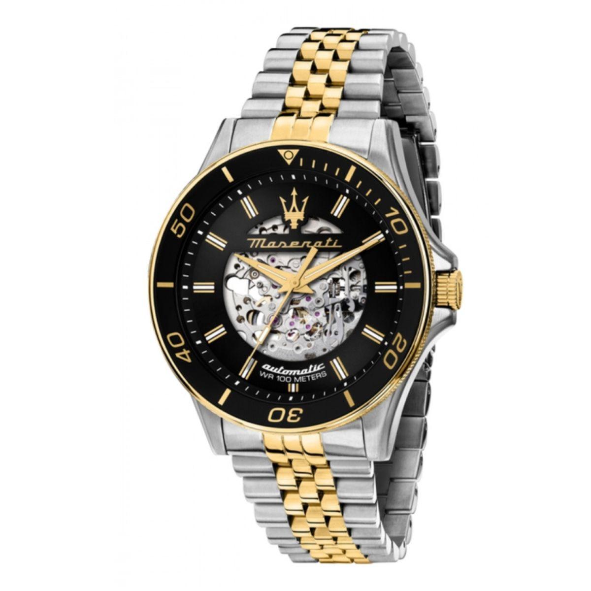 RELLOTGE AUTOMÀTIC MASERATI AMB ESFERA NEGRA I CORRETJA BICOLOR DAURADA I PLATEJADA.