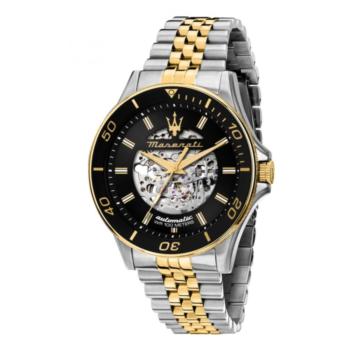 RELOJ AUTOMATICO MASERATI CON ESFERA NEGRA Y CORREA BICOLOR DORADA Y PLATEADA. RELOJ PARA HOMBRE.