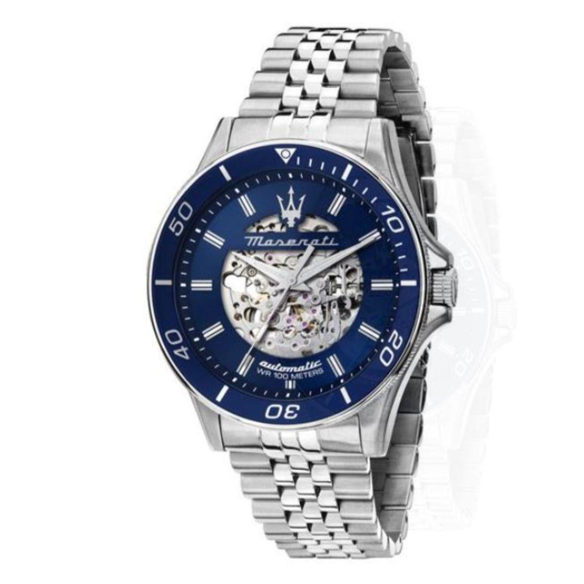 RELLOTGE MASERATI AUTOMÀTIC MODEL SFIDA AMB ESFERA BLAVA MARÍ I CORRETJA PLATEJADA. RELLOTGE PER A HOME.