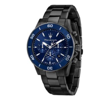 RELOJ MASERATI MODELO COMPETIZIONE CON ESFERA COLOR AZUL Y CORREA METALICA DE COLOR NEGRO, RELOJ PARA HOMBRE
