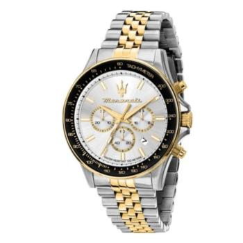 RELOJ MASERATI COLECCION SFIDA CON ESFERA BLANCA Y CORREA BICOLOR EN PLATEADO Y DORADO. RELOJ PARA HOMBRE CON CRONOGRAFO Y TAQUIMETRO-