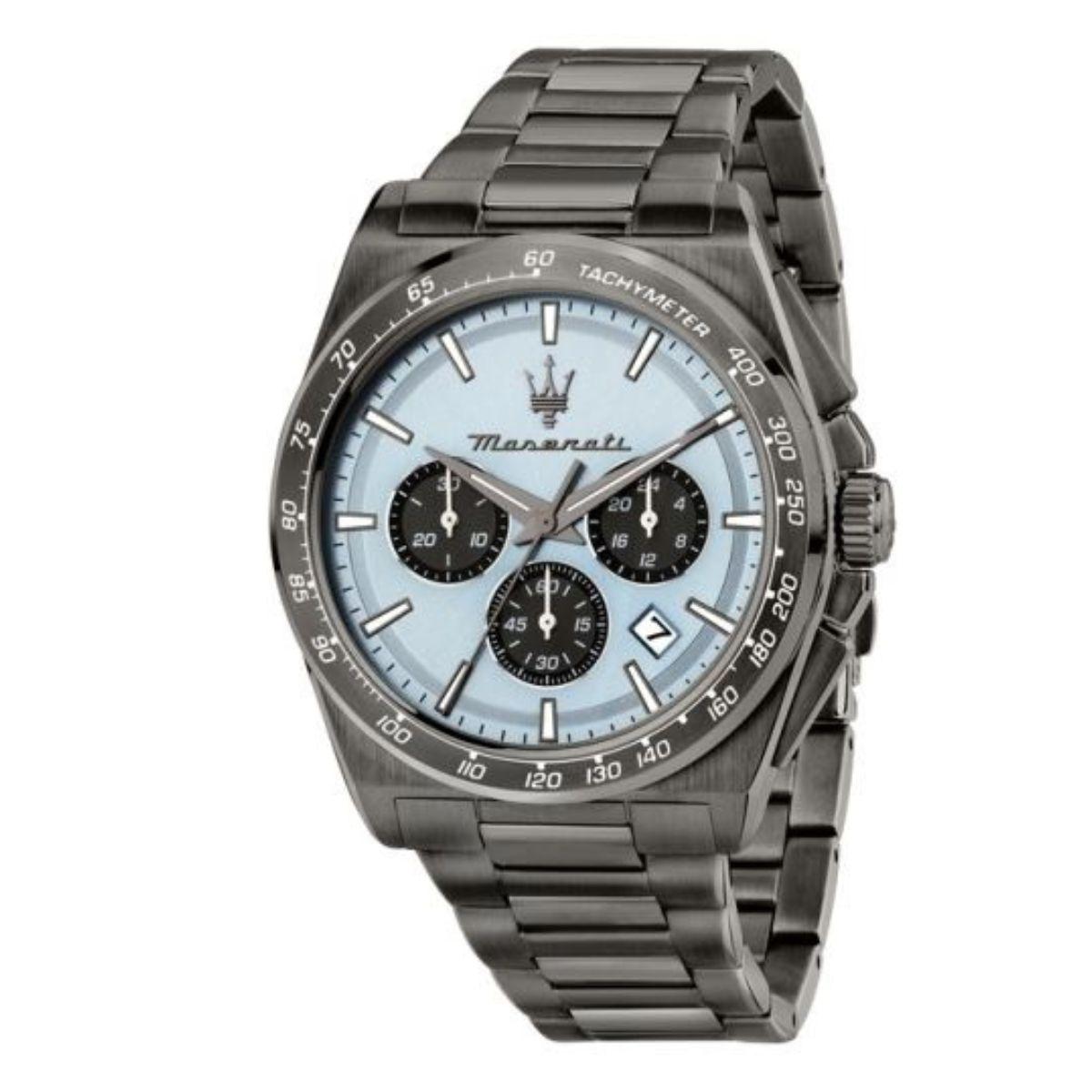 RELLOTGE MASERATI VELOCITÀ AMB ESFERA DE COLOR BLAU CLAR I CORRETJA GRIS. RELLOTGE PER A HOME.