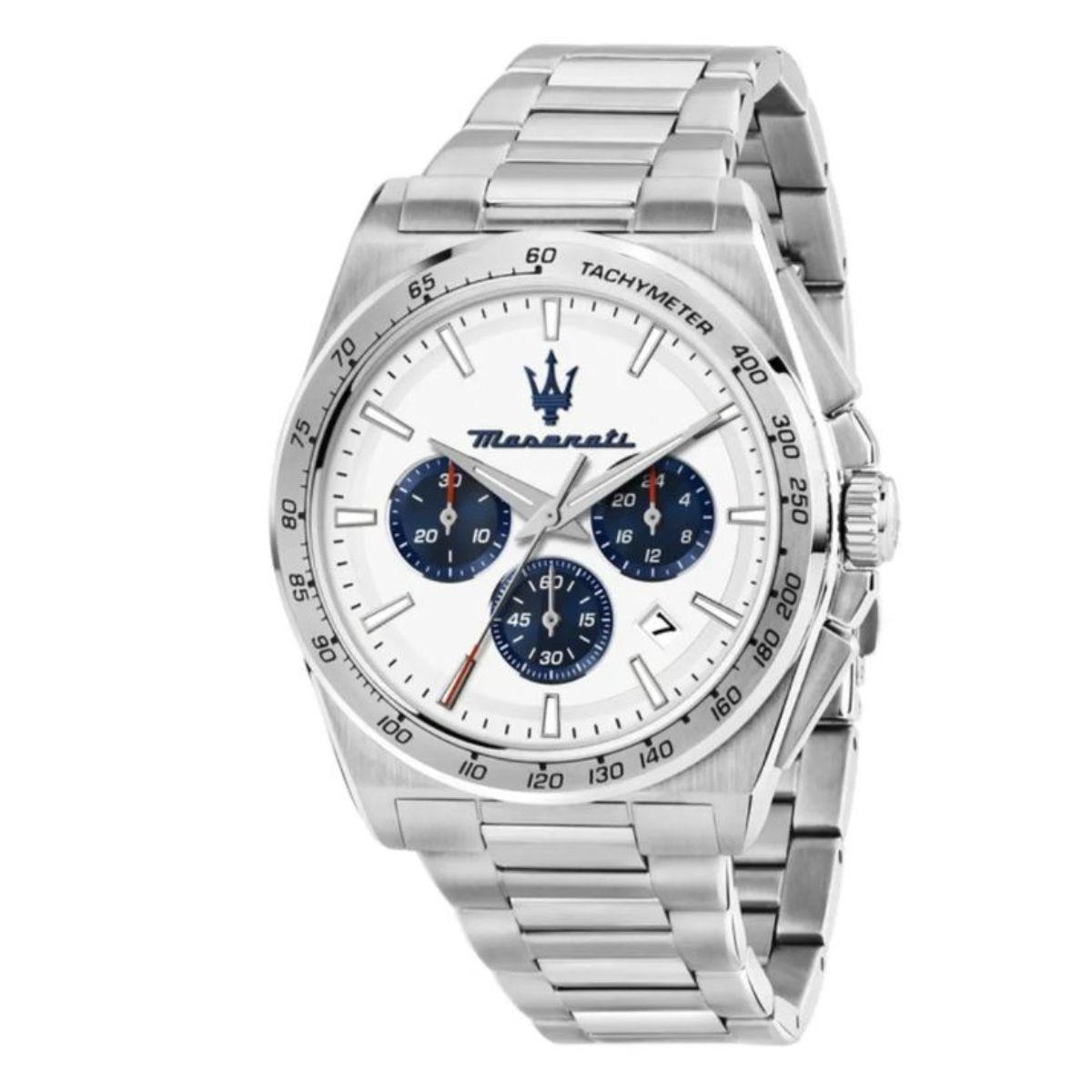 Men's silver-tone Maserati Competizione watch with a blue and white dial.