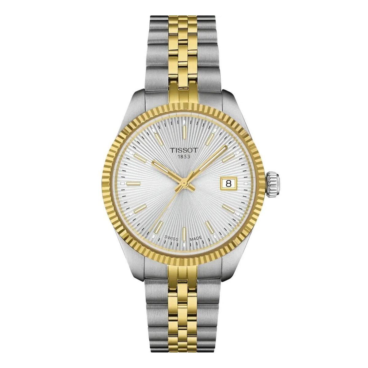 Tissot Ballade watch for women, 34mm dial, gold and silver two-tone strap, high-quality Swiss watch.