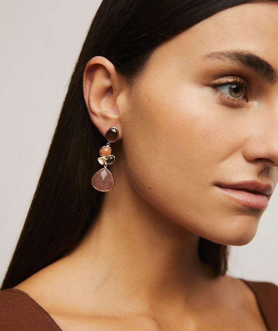 ARRACADES VIDAL & VIDAL BANYATS EN OR 18KT, AVENTURINA TARONJA, QUARÇ ROSÉ I CRISTALL VERD OLIVA X47732