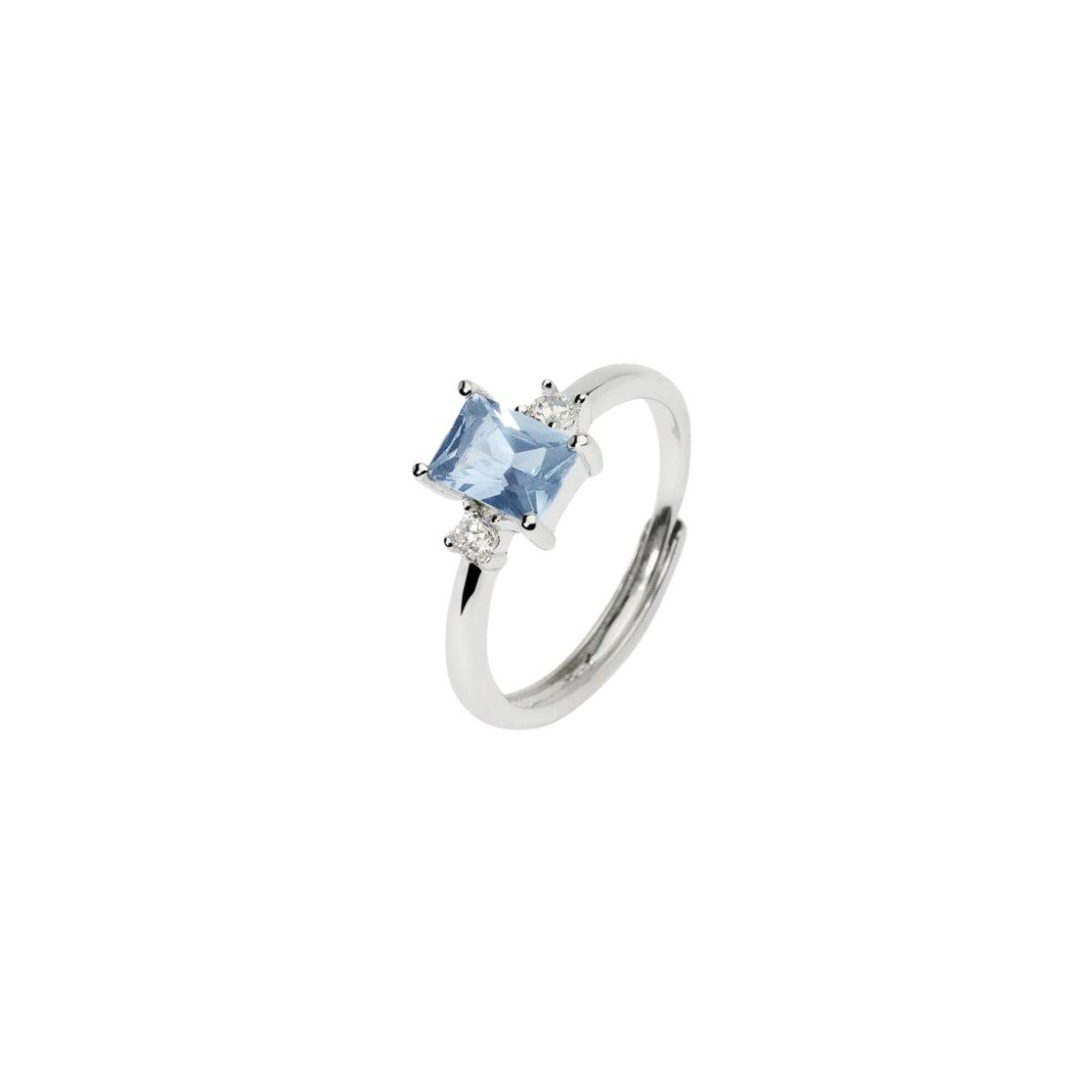 silver mabina ring with a synthetic aquamarine stone in princess size and two white zircons one on each side, adjustable ring size 11 to 19