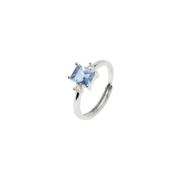 silver mabina ring with a synthetic aquamarine stone in princess size and two white zircons one on each side, adjustable ring size 11 to 19