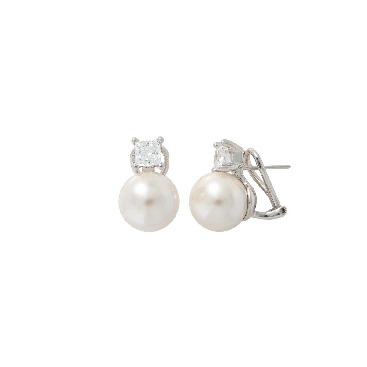 MAJORICA OMEGA CLOSURE EARRINGS IN RHODIUM-PLATED SILVER, ZIRCONIA AND PEARL 12mm 15311.01.2.E00.907.1
