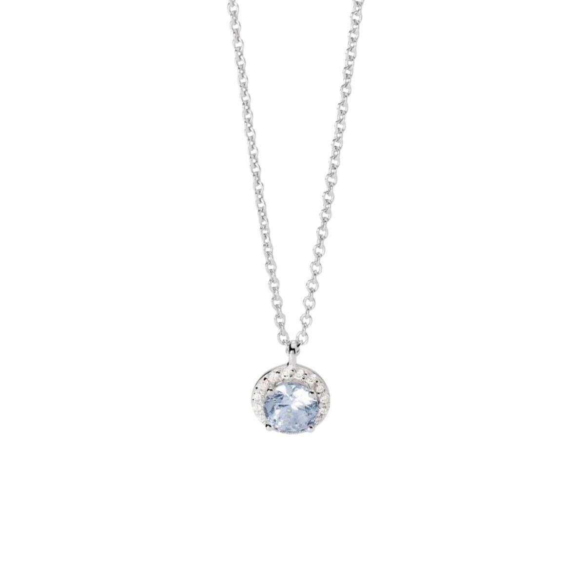Gargantilla ajustable para mujer en plata rodiada con cadena y colgante de aguamarina sintética y circonita.
