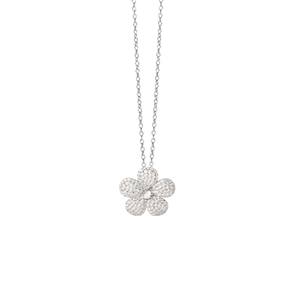 Gargantilla Mabina de plata con cadena tallada con diamantes y colgante de flor de circonita.