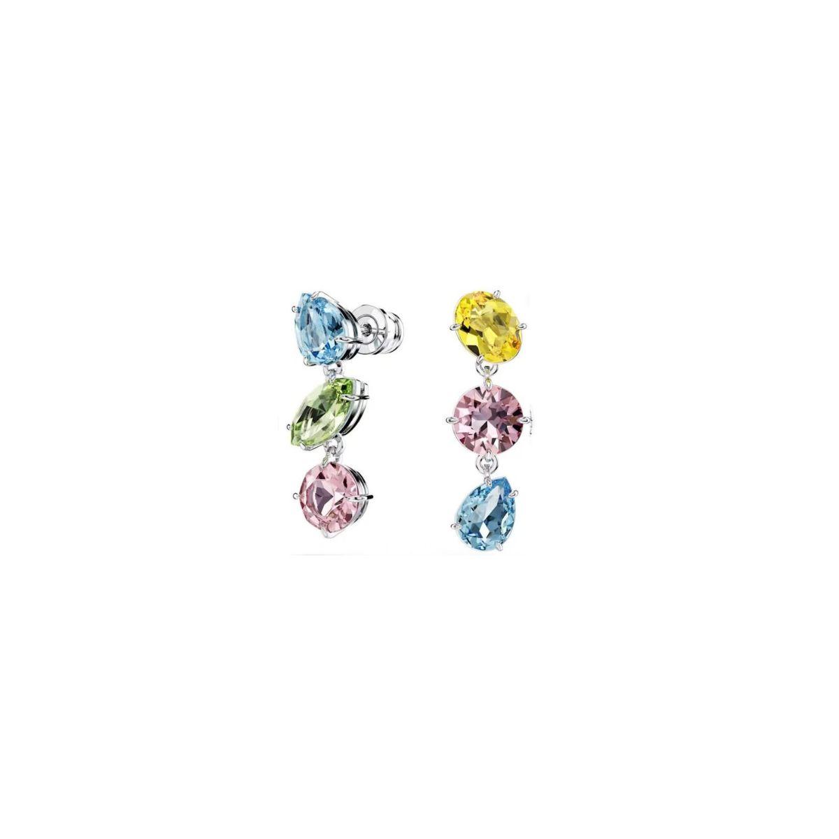 Long, asymmetrical, multi-colored Swarovski earrings. Gem collection.