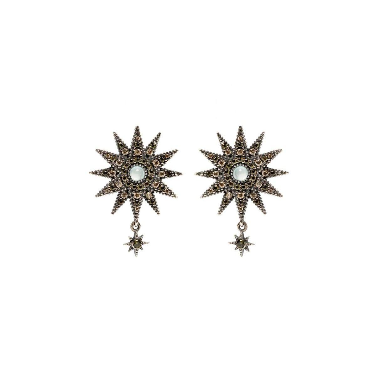 Sunfield Chavela Vega earrings. Antique silver star-shaped earrings with a central blue quartz surrounded by green and sparkling zircons. A small silver star hangs from the star.