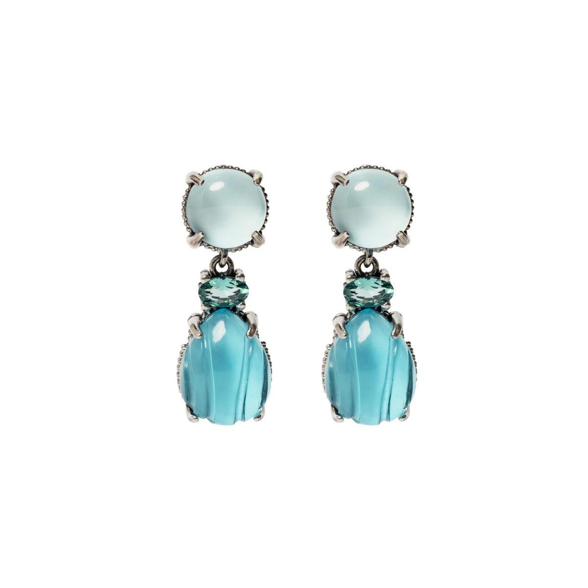 SUNFIELD SILVER EARRINGS WITH AQUAMARINE QUARTZ AND TURQUOISE ZIRCONIA. BLACK TEARDROP EARRINGS.