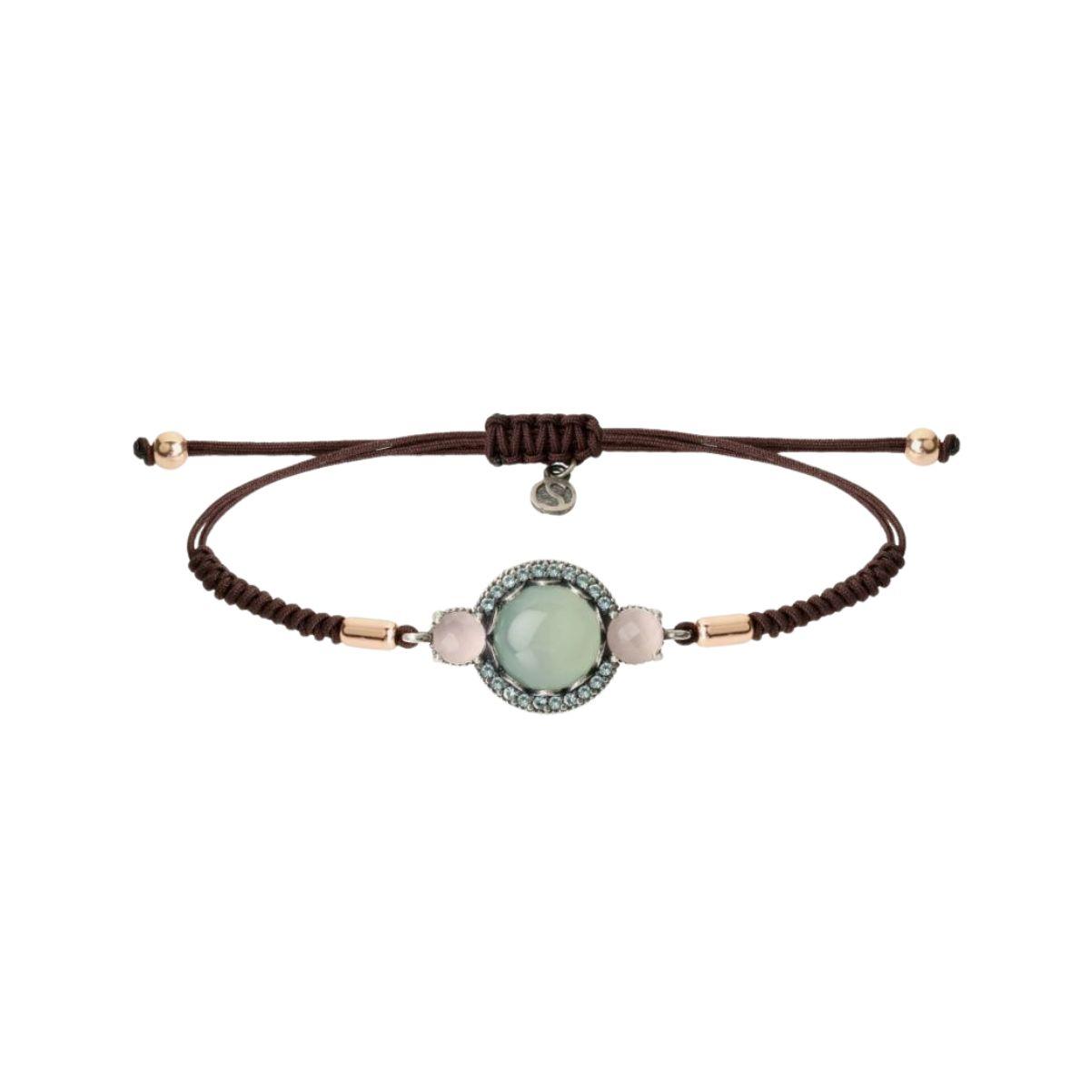 Sunfield Rosae Twin bracelet featuring a central green chalcedony and rose quartz stones.