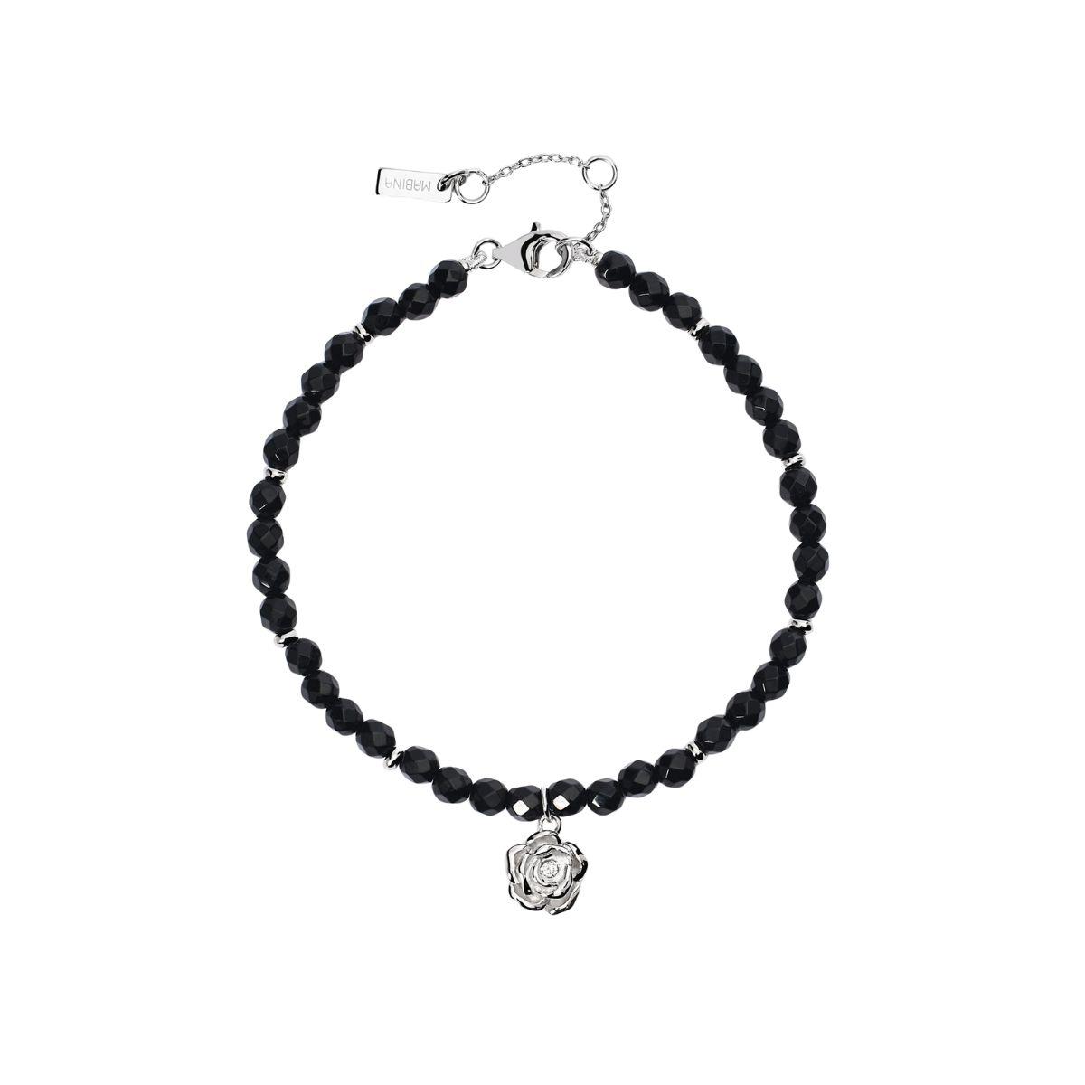 PULSERA MABINA DE PLATA Y AGATA NEGRA CON UNA ROSA 533654