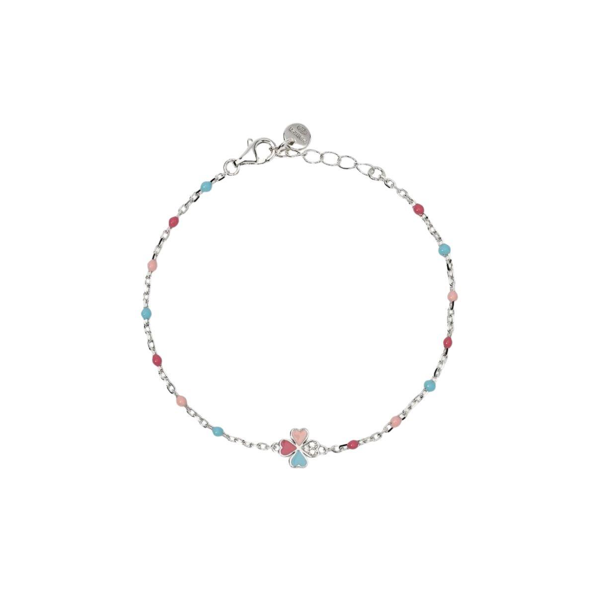 Adjustable bracelet for girls with rhodium-plated silver chain and multicolored inserts. Enamelled four-leaf clover in the center with white zirconia.
