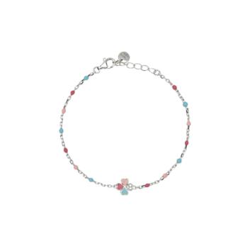 Adjustable bracelet for girls with rhodium-plated silver chain and multicolored inserts. Enamelled four-leaf clover in the center with white zirconia.