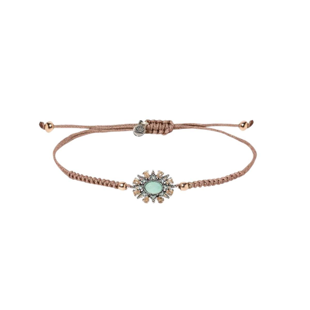Adjustable Sunfield bracelet in rose gold-plated silver, featuring cubic zirconia, chalcedony, and macramé.