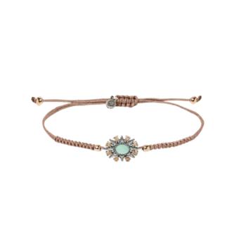 Adjustable Sunfield bracelet in rose gold-plated silver, featuring cubic zirconia, chalcedony, and macramé.