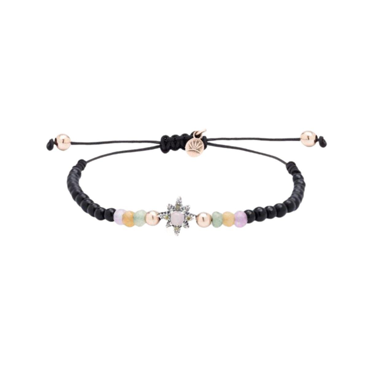 Adjustable nylon, antiqued silver, and smoky quartz bracelet PU068481