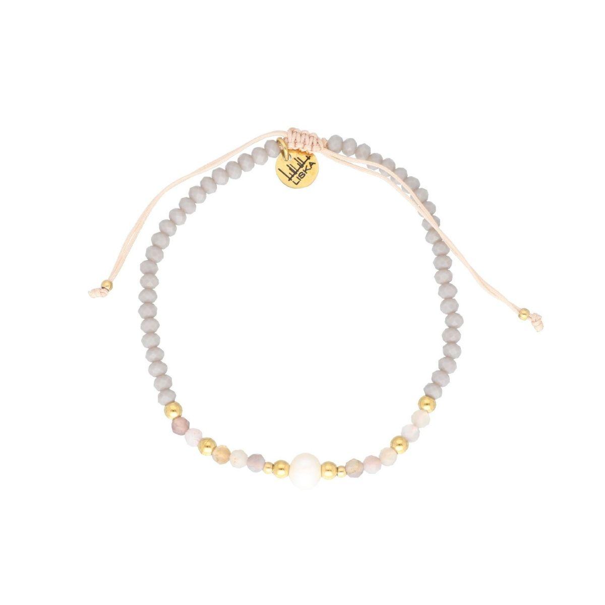 PULSERA LISKA DE ACERO, PIEDRAS NATURALES GRISES Y PERLA SHA203