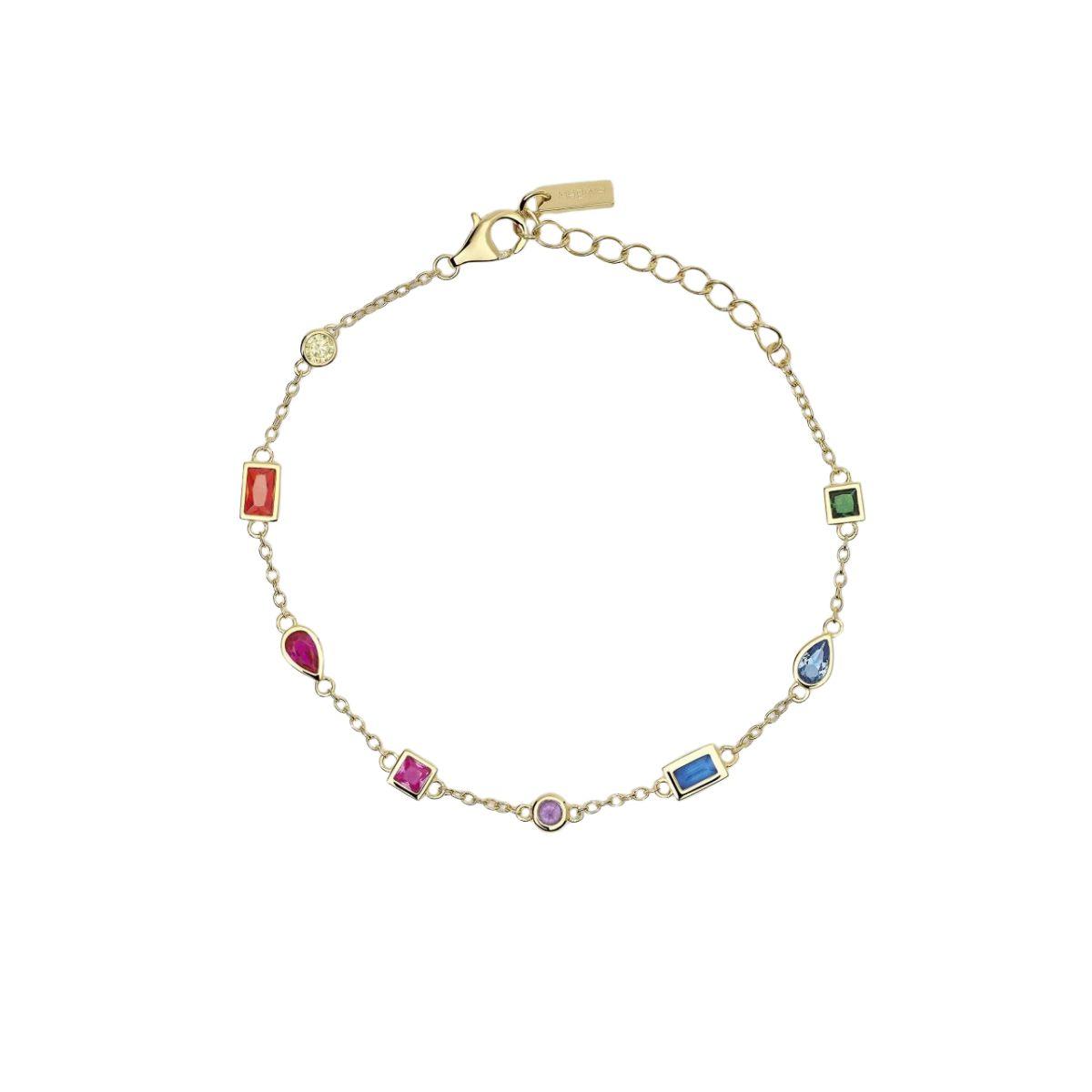 Pulsera Mabina en circonitas multicolor para mujer en plata bañada en oro de 18k con cadena de eslabones y biseles de diferentes cortes.