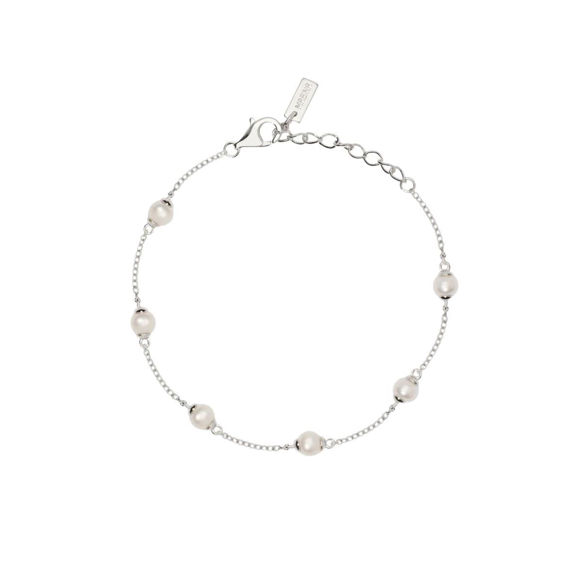 Pulsera ajustable de plata rodiada con cadena rolo y perlas cultivadas.