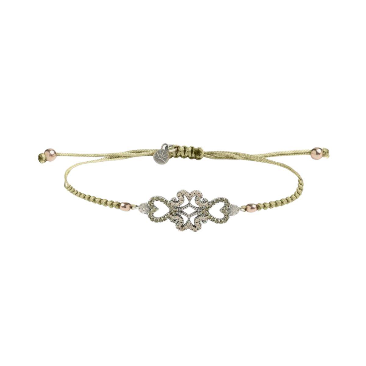 Sunfield 'Philippa green' bracelet in green macramé, with zirconia and silver.