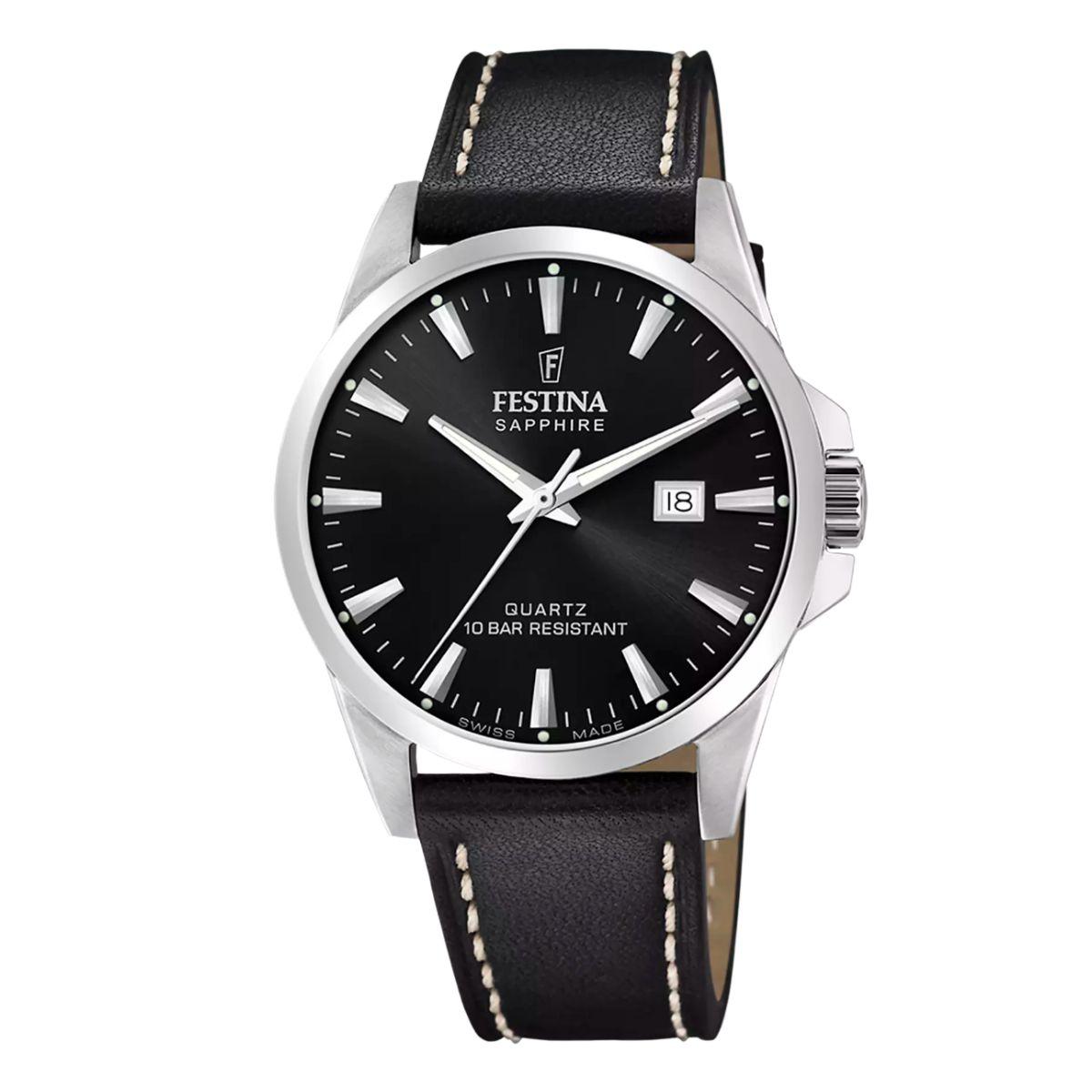 Festina Swiss Made Classics Watch, Black Leather Strap and Black Dial F20025/4